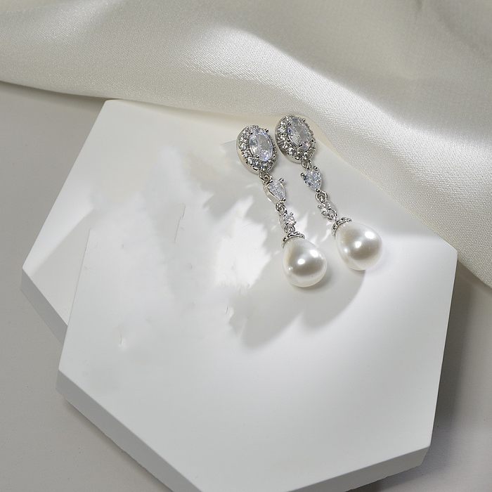 1 paire de boucles d'oreilles ovales en forme de gouttelettes d'eau, Style Simple et décontracté, incrustation de placage de perles de cuivre et de Zircon