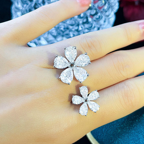 Elegant Flower Copper Plating Inlay Artificial Gemstones White Gold Plated Rhodium Plated Open Rings