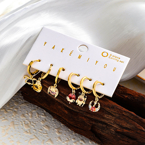 Sweet Cartoon Heart Shape Copper Irregular Zircon 14K Gold Plated Earrings