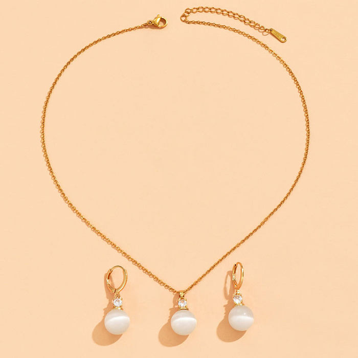 Elegant Round Copper Inlay Rhinestones Opal Women'S Earrings Necklace 1 Set