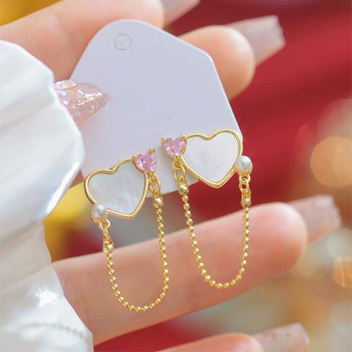 1 Pair Cute Sweet Heart Shape Heart Copper Zircon 14K Gold Plated Earrings