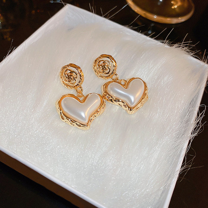 Boucles d'oreilles élégantes en forme de cœur carré, 1 paire, nœud papillon, placage de cuivre, incrustation de strass, perles, clous d'oreilles