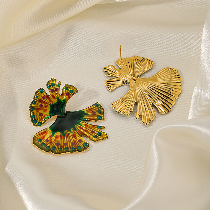 1 Pair Hawaiian Vacation Leaf Ginkgo Leaf Painted Enamel Plating Copper 18K Gold Plated Ear Studs