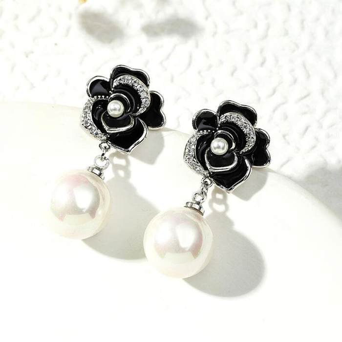 1 Pair Glam Lady Flower Enamel Plating Inlay Copper Artificial Pearls Zircon Drop Earrings
