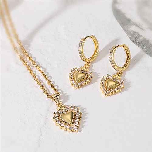 Casual elegante estilo simples formato de coração revestimento de cobre embutido zircão colar de brincos banhado a ouro 18K