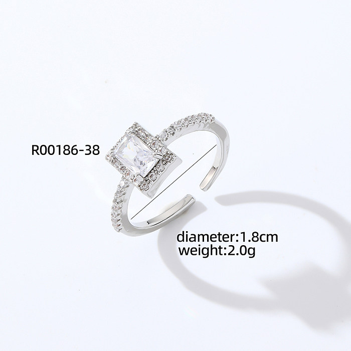 Simple Style Round Square Copper Plating Inlay Zircon White Gold Plated Open Rings
