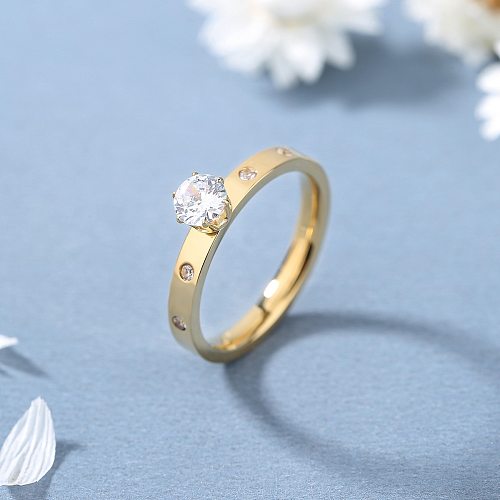 Anéis banhados a ouro 18K de zircão de polimento de aço redondo brilhante romântico