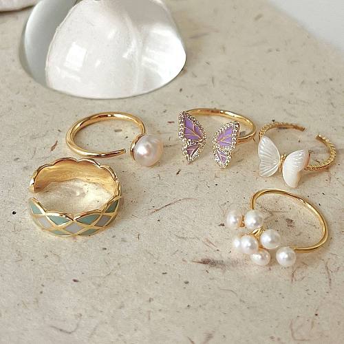 Fashion Butterfly Copper Inlay Pearl Zircon Rings 1 Piece
