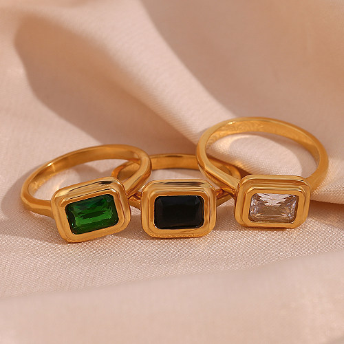 Vintage Style Rectangle Stainless Steel Plating Inlay Zircon 18K Gold Plated Rings