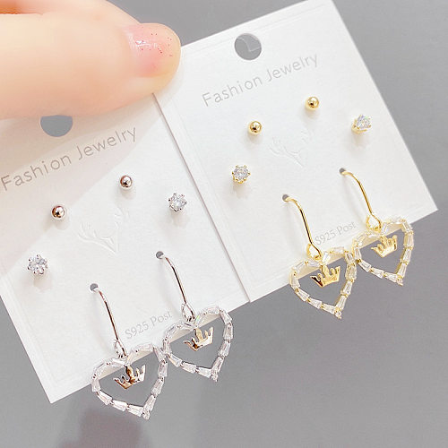 3 Pairs Simple Style Heart Shape Copper Inlay Zircon Earrings