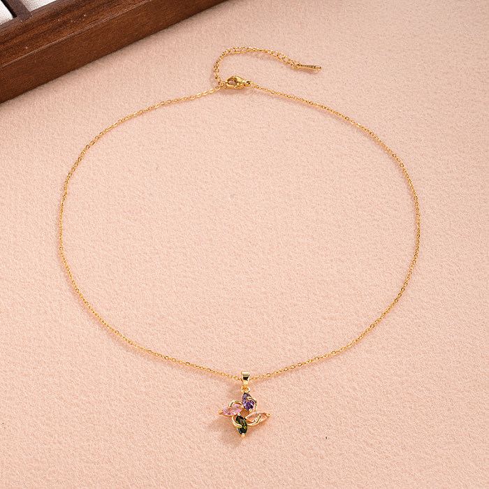 Elegant Cute Sweet Butterfly Copper 18K Gold Plated Glass Stone Zircon Pendant Necklace In Bulk