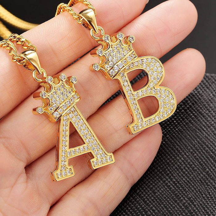 Hip-Hop Letter Crown Stainless Steel Copper Inlay Zircon Pendant Necklace 1 Piece