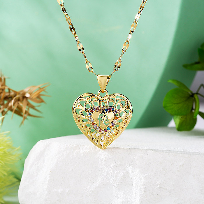 Vintage Style Simple Style Commute Heart Shape Copper Plating Inlay Zircon 18K Gold Plated Pendant Necklace