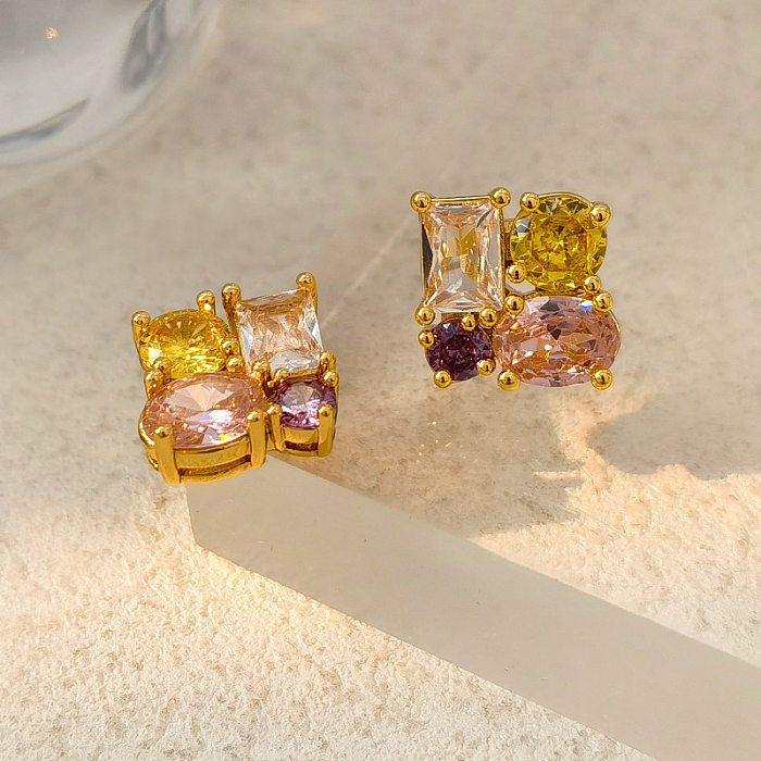 1 Pair Sweet Commute Oval Rectangle Inlay Copper Zircon Ear Studs