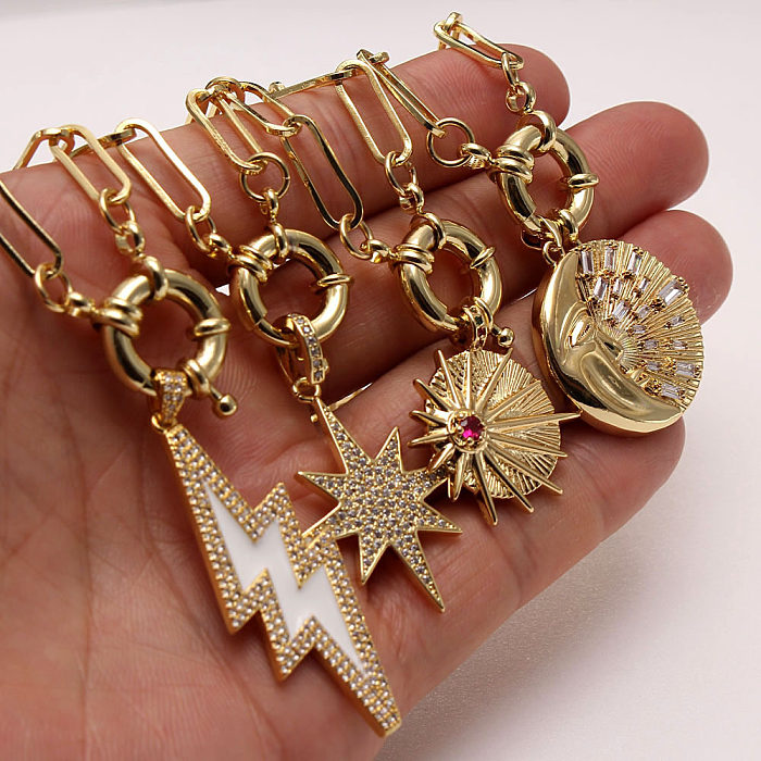 Hip-Hop Vintage Style Star Moon Lightning Copper Plating Inlay Zircon Gold Plated Pendant Necklace