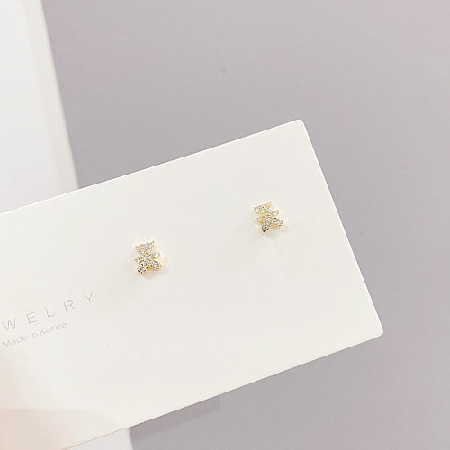 Cute Bear Copper Inlay Zircon Ear Studs 3 Pairs