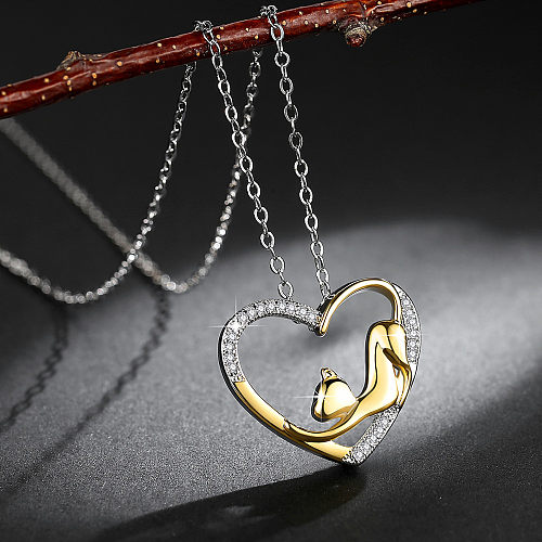 Colar com pingente de zircão embutido em cobre em forma de coração estilo simples