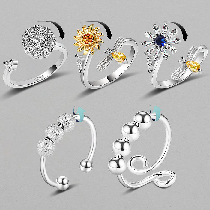 5 Pieces Adjustable Turning Zirconia Flowers Little Bee Copper Rings