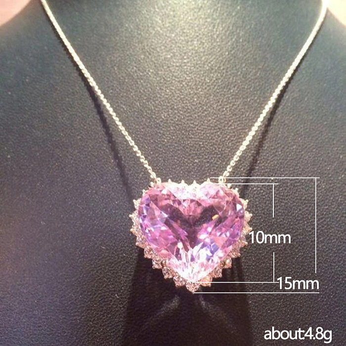 Fashion Heart-shaped Pink Diamond Zircon Simple Pendant Copper Necklace
