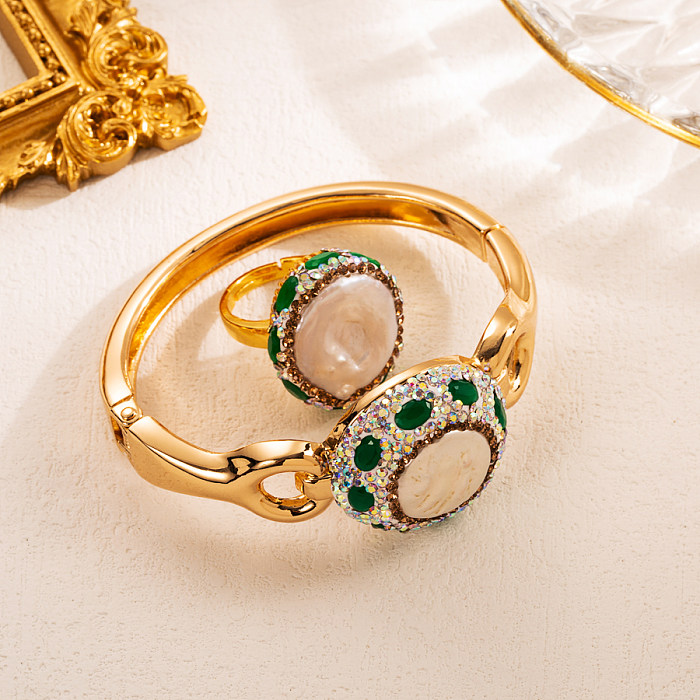 Elegant Retro Round Copper Irregular Freshwater Pearl 18K Gold Plated Rings Bracelets