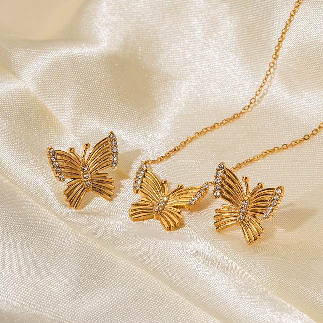 IG Style Elegant Butterfly Stainless Steel Plating Inlay Zircon 18K Gold Plated Earrings Necklace