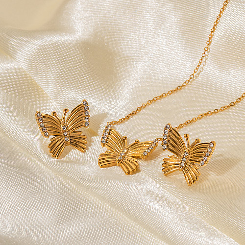 IG Style Elegante Schmetterlings-Ohrring-Halskette mit Inlay-Zirkon-18-karätigem Goldüberzug aus Edelstahl