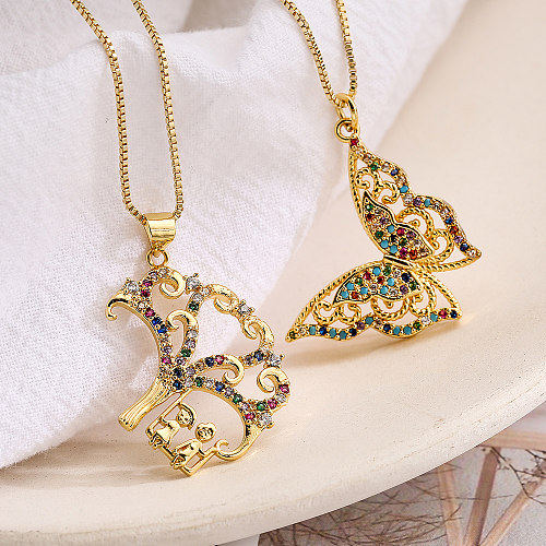 Simple Style Commute Tree Butterfly Copper Plating Inlay Zircon 18K Gold Plated Pendant Necklace