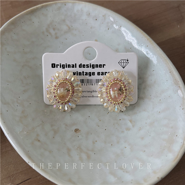 1 Pair Sweet Shiny Flower Plating Inlay Copper Crystal Rhinestones Ear Studs