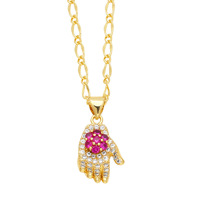 IG Style Original Design Palm Flower Copper Plating Inlay Zircon 18K Gold Plated Pendant Necklace