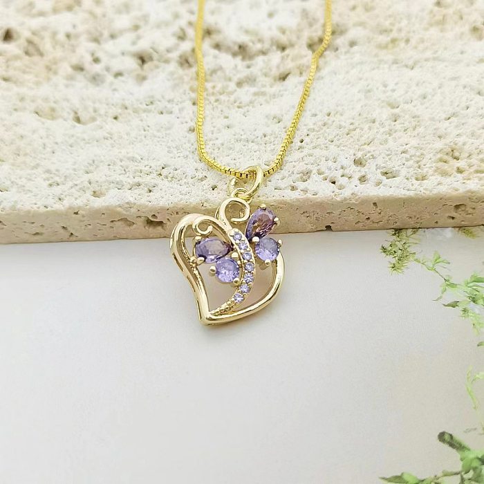 Sweet Heart Shape Butterfly Copper Plating Inlay Zircon Pendant Necklace