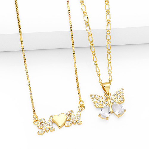 Simple Style Butterfly Copper Plating Inlay Zircon 18K Gold Plated Pendant Necklace