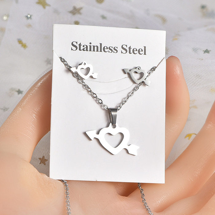 Fashion Love Heart Shape Stainless Steel Hollow Out Earrings Necklace 1 Set