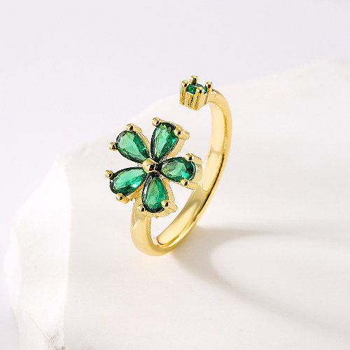 Fashion Flower Copper Gold Plated Zircon Open Ring 1 Piece