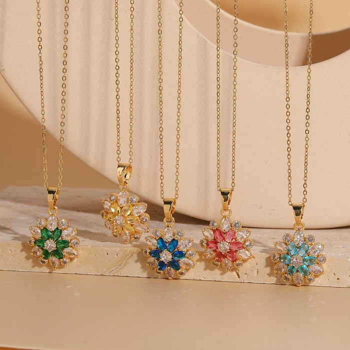 Elegant Luxurious Flower Copper Inlay Zircon 14K Gold Plated Pendant Necklace
