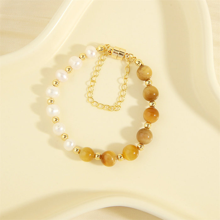Bracelets plaqués or 18 carats, pierres précieuses artificielles rondes irrégulières de Style Simple, perles d'eau douce, cuivre plaqué à la main