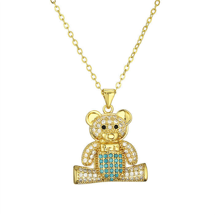 Cute Retro Bear Panda Heart Shape Copper Plating Inlay Zircon Gold Plated Pendant Necklace