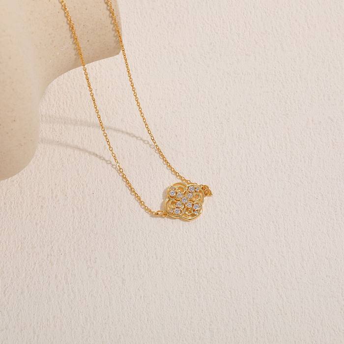 Casual Vacation Modern Style Four Leaf Clover Copper 14K Gold Plated Zircon Pendant Necklace In Bulk