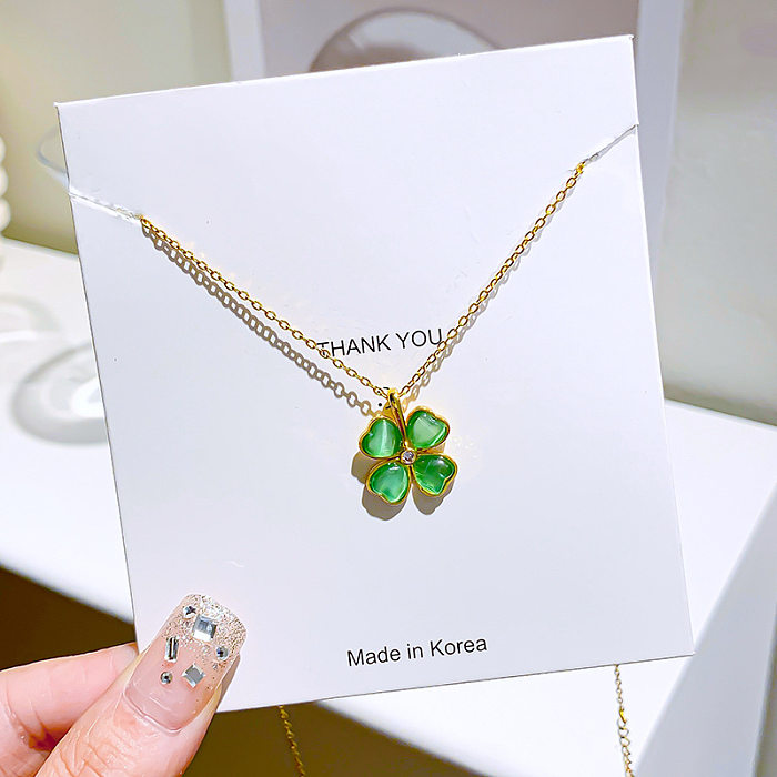 Elegant Leaf Titanium Steel Copper Inlay Artificial Gemstones Pendant Necklace