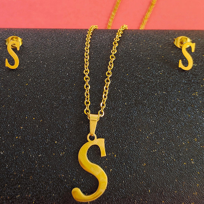 Fashion Letter Titanium Steel Gold Plated Earrings Necklace