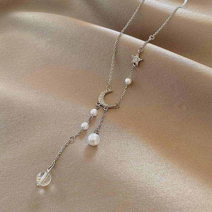 Simple Style Moon Copper Silver Plated Zircon Necklace In Bulk