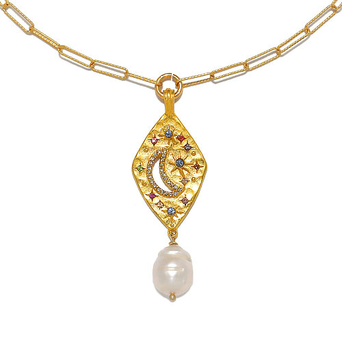 Retro Streetwear Stern Mond Perle Kupfer vergoldet Zirkon Anhänger Halskette in großen Mengen
