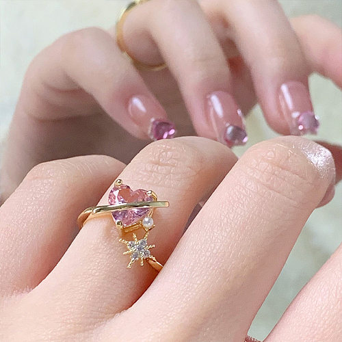 Moda bonito rosa em forma de coração pérola estrela zircão cobre anel de dedo indicador aberto