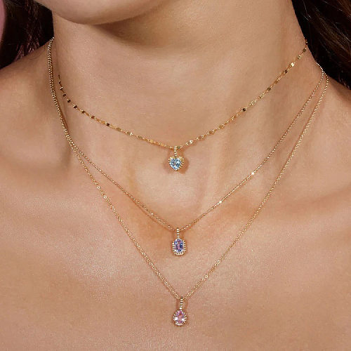 Elegant Water Droplets Heart Shape Rectangle Copper Inlay Zircon Pendant Necklace