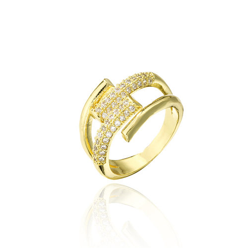 Simple Real Gold Electroplated Micro-inlaid Zircon Geometric Opening Ring