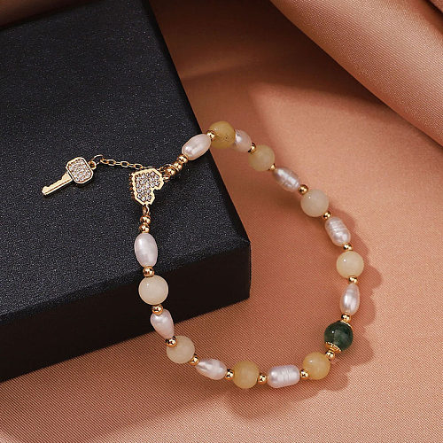 Simple Style Commute Heart Shape Key Freshwater Pearl Copper Beaded Inlay Zircon Bracelets