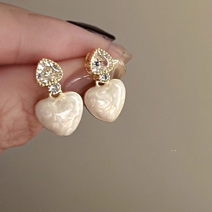 1 Pair Simple Style Heart Shape Inlay Copper Rhinestones Drop Earrings