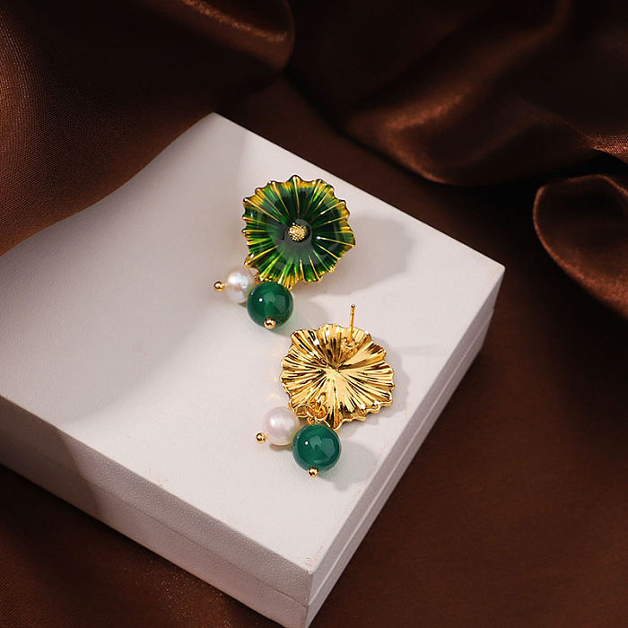 1 Pair IG Style Retro Flower Enamel Pearl Plating Copper 18K Gold Plated Drop Earrings