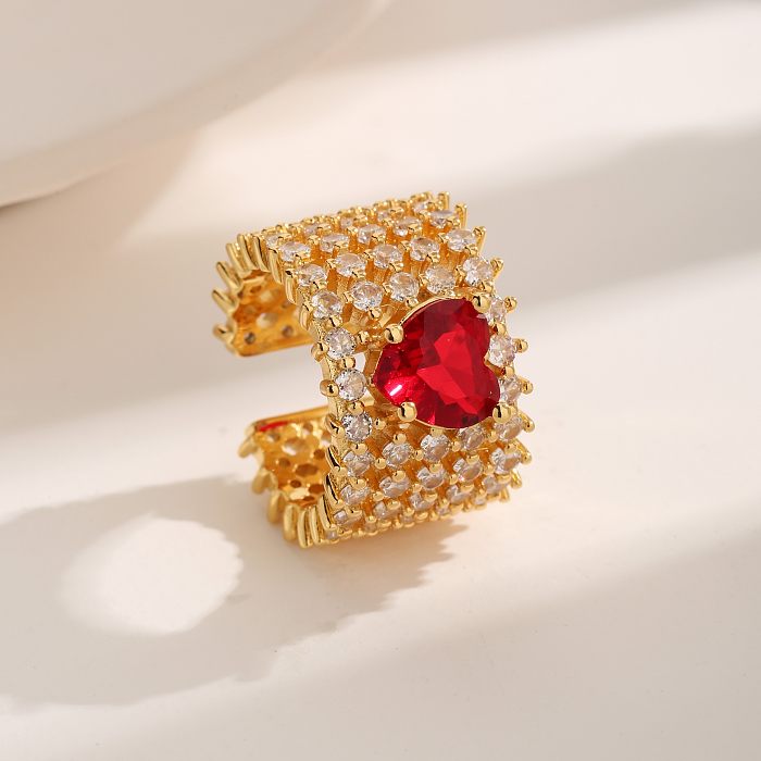 Offene Ringe im französischen Stil in Herzform mit Kupferbeschichtung und Zirkoneinlage, 18 Karat vergoldet