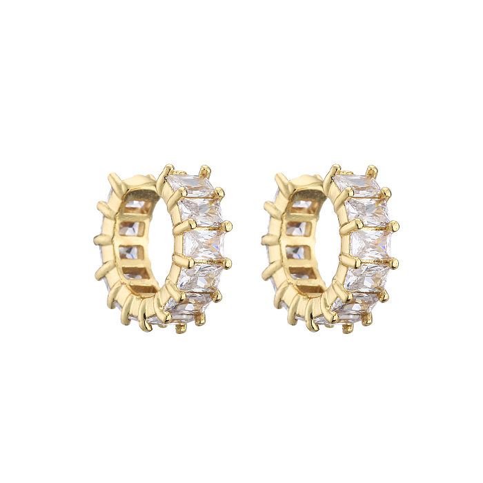 Micro-inlaid Zircon Ear Clip Square Diamond Earrings Copper Plated 18K Gold Jewelry