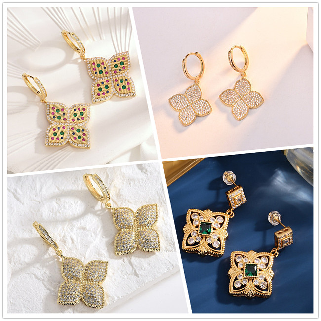 1 Pair Glam Four Leaf Clover Copper Inlay Zircon Drop Earrings